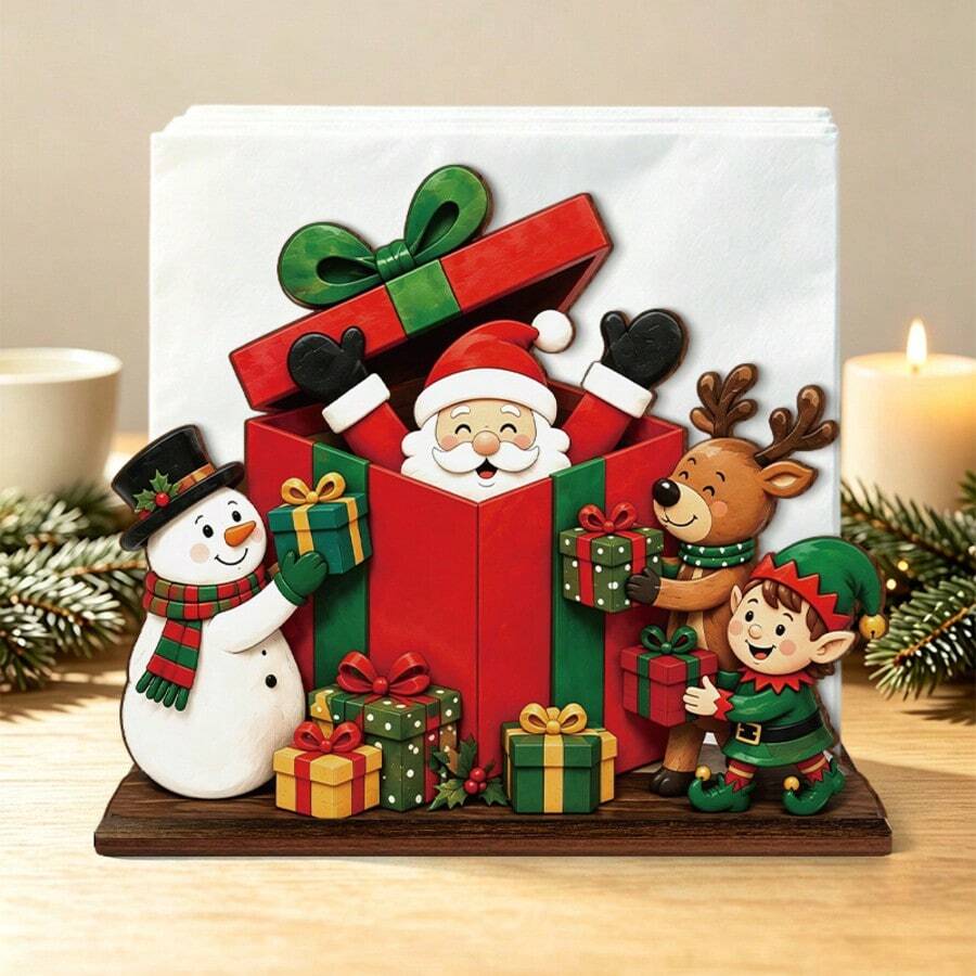 2D Flat Wooden Christmas Table Centerpiece, Christmas Wooden Napkin Holder, Santa Claus Gift Box With Snowman Elf Reindeer Design Napkin Dispenser, Suitable For Table, Restaurant, Bar, Hotel, Home Kitchen Tabletop Decoration - Multicolor - View 1