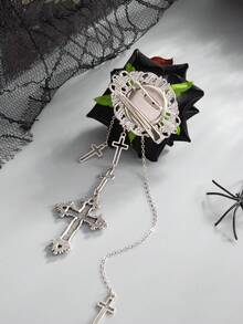 1 st gotisk svart rosbrosch med flera korshängen, tofs och blomspänne för kvinnor, Halloween Cos mörk stil, fest, fotografering, kavajtillbehör - Svart - Visa 5