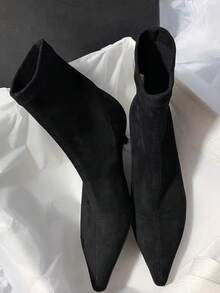 Brown Square Toe Ankle Boots Women 2025 Spring/Autumn New French Style Chunky Mid-Heel Boots Elastic Slim Fit - Black - View 2