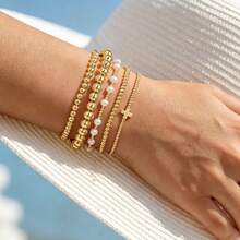 5pcs Bohemian Handmade Beaded Cross Pearl Gold CCB Beaded Bracelet Set, Suitable For Daily, Vacation, Commuting Wear, Gift For Friends And Girlfriend - Yellow Gold - View 3
