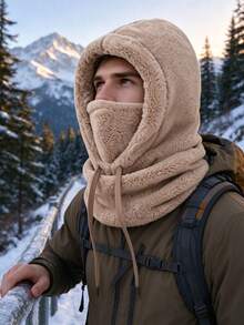 1pc/2pcs Unisex Solid Color Plush Balaclava, Drawstring Windproof Integrated Hood Scarf Face Mask, Thickened Warm Winter Neck Warmer Hat, Suitable For Outdoor Cycling - Multicolor - View 2