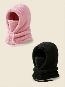 1pc/2pcs Unisex Solid Color Plush Balaclava, Drawstring Windproof Integrated Hood Scarf Face Mask, Thickened Warm Winter Neck Warmer Hat, Suitable For Outdoor Cycling - Multicolor - View 19