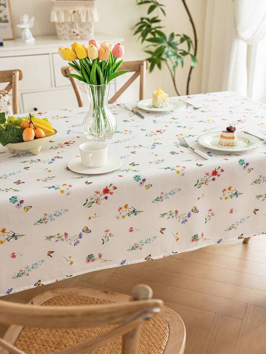 MineLain 1pc Fresh Colorful Ditsy Floral Butterfly Tablecloth, Rectangular Table Runner, Washable, Coffee Table, Bedside Cabinet, Sideboard, Cabinet, Small Table Cover, Desktop Decoration, Daily Home Decor, Suitable For Home Kitchen, Dining Room, Living Room, Bedroom, Party, Dinner, Date, Holiday Decoration, All Seasons, Outdoor Use - Multicolor - View 1