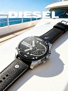 Diesel Mega Chief Multi-Time Zone Chronograph - Silver Case, Black Leather, 3 BAR, Men's Watch + Free Gift Set - Black - View 5