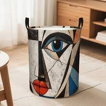 Bohemian Cubist Portrait Pattern Laundry Basket, Foldable Round Storage Bin, Modern Abstract Face Art Pattern Dirty Clothes Bucket, Home Storage Box With Handles - Multicolor - View 1