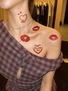 STARTTOOS 1pc Pink Sexy Heart Lip Print Love Pattern Party Gift Valentine's Day DIY Holiday Gift Temporary Waterproof Tattoo Sticker For Arm, Shoulder, Neck, Collarbone, Back - Hot Pink - View 5