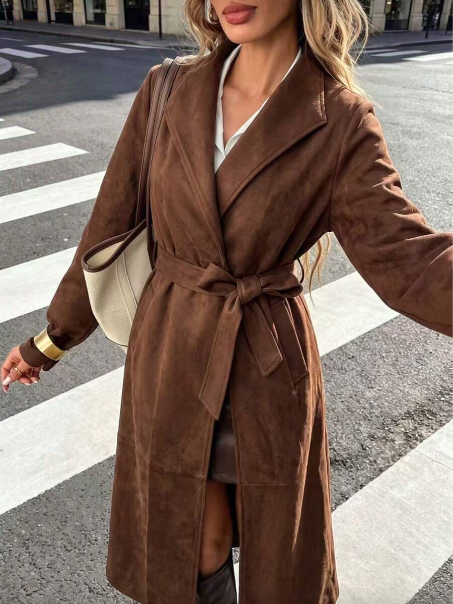 Ladies' Autumn Elegant Solid Color Collar Belt Long Sleeve Coat Office - Chocolate Brown - View 1
