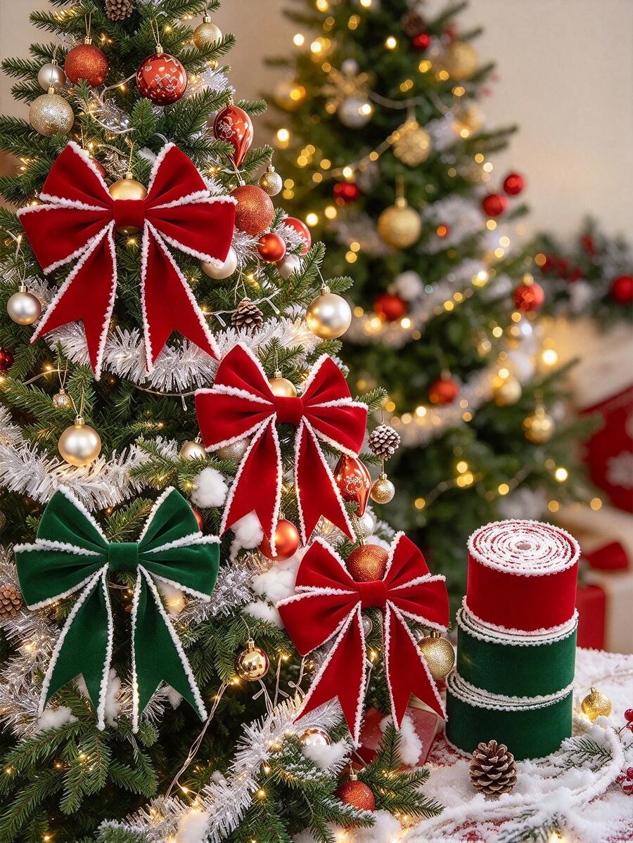 Christmas Plush Tassel Edge Plush Ribbon, Wired Fabric Ribbon Roll, Red & Green Solid Color Holiday Decorative Ribbon, Suitable For Handmade Bows, Gift Wrapping, Christmas Wreaths, Christmas Tree Ornaments, Home & Party DIY Craft Decoration - Multicolor - View 1
