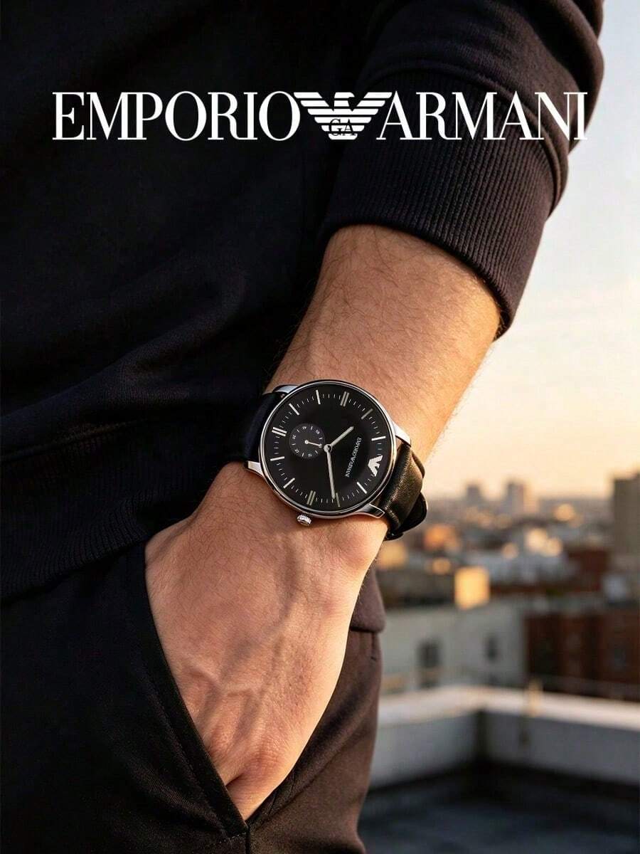 Armani Men's Minimalist Quartz Watch, Black Dial, Genuine Leather Strap, 30m Water Resistant, AR0382 - Silver - View 1