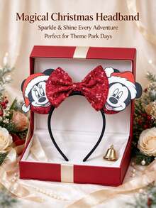 Disney 1PC Mickey Minnie Christmas Sequin Ear Headband, Red Sequin Bow Santa Hat Print, Accessory For Theme Park & Xmas Gathering - Multicolor - View 10