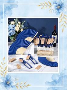 Handmade Paper Folding Fan With Gift Bag And Thank You Card, Bamboo Handheld Folding Fan, Home DIY Office Decor, Wedding Party Baby Shower Party Gift Accessory (Navy Blue) - Navy - View 5