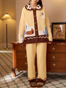 Gongdie Disney Women's Fleece Thickened Horn Button Pajama Set With Long Pants, Winter - Yellow - View 4