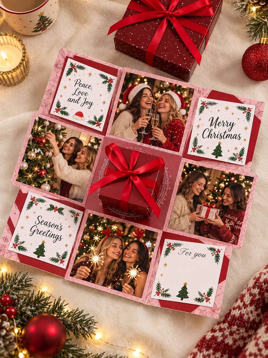 1Set Christmas Gift Box Surprise Box Explosion Gift Box DIY Photo Gift Box For DIY Christmas Memory Box, Surprise Box With Mini Gift Box.Christmas Photo Explosion Box For Friends, Red Ribbon Surprise Gift Box Holiday Gift For Friends;