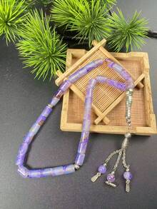 1pc 33-Bead Muslim Tasbih Prayer Beads, Faux Jade Ink Floral Pattern Barrel Beads, Vintage Silver Chain Tassel Counting Beads - Multicolor - View 9