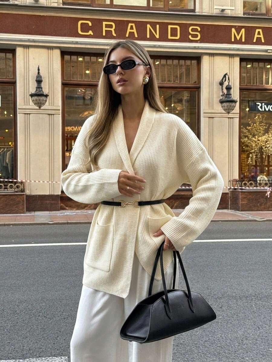 Women's Winter Fashion V-Neck Cardigan Sweater With Pockets, Long Sleeve Open Front Knit Jacket, Essential Warmth For Autumn/Winter - Apricot - View 1