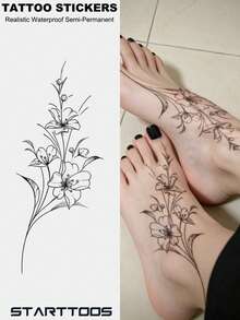 STARTTOOS 1pc Black Ins Style Minimalist Floral Branch & Flower Pattern Party Gift DIY Holiday Gift Music Festival Temporary Waterproof Tattoo Sticker For Arm, Waist, Abdomen, Leg - Black - View 1