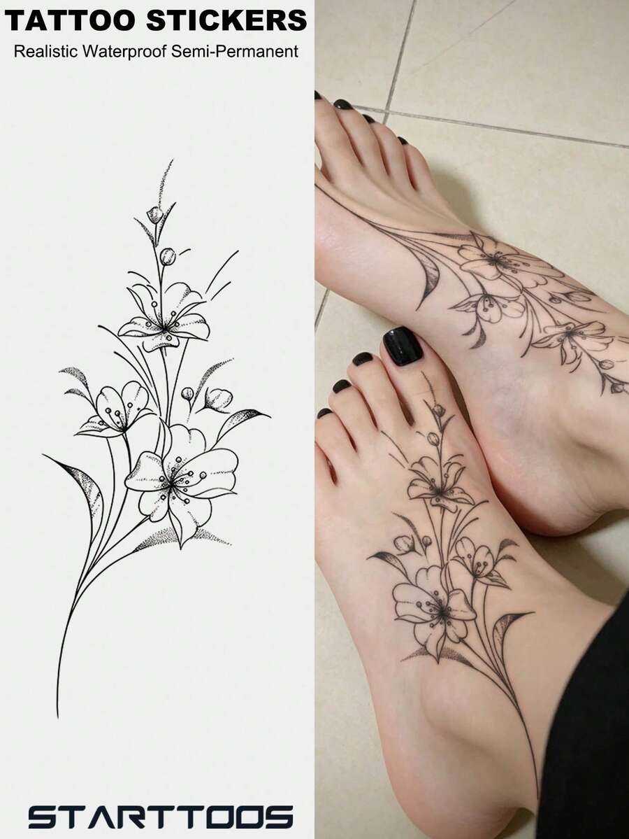 STARTTOOS 1pc Black Ins Style Minimalist Floral Branch & Flower Pattern Party Gift DIY Holiday Gift Music Festival Temporary Waterproof Tattoo Sticker For Arm, Waist, Abdomen, Leg - Black - View 1