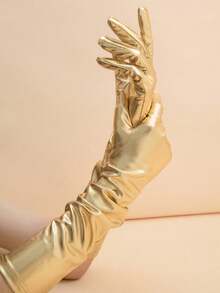1 Pair Golden Patent Shiny Gloves, Stretch Fit For Evening Ball Dance Wedding Halloween Christmas - Gold - View 2