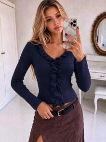 Korean Style Gentle Lace Trim Slimming Versatile Pleated Patchwork Vintage Autumn Knit Top For Women - Navy Blue - View 5