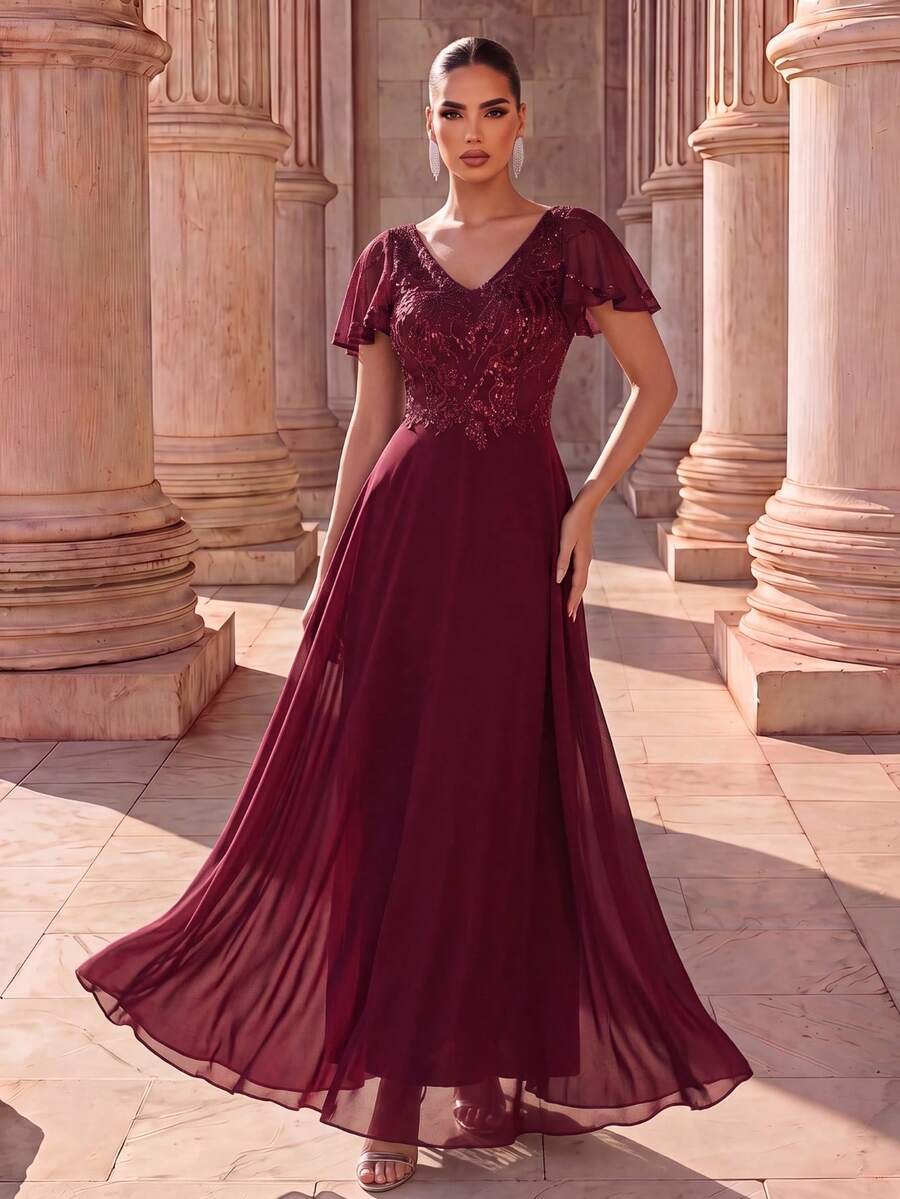 EVERPRETTY Autumn Elegant Women's Evening Gown, Luxury Sequin Patchwork V-Neck Ruffle Sleeve A-Line Dress, Burgundy Formal Dress For Wedding And Anniversary