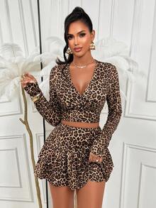 Women's Sexy Leopard Print Two Pieces Outfit With Deep V-Neck Crop Top And Tiered Ruffle Mini Skirt, Perfect For Parties And New Year's Eve - Leopard Brown - View 8