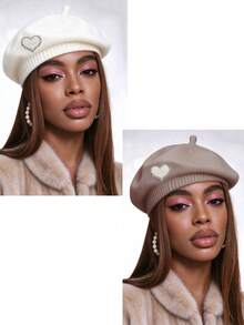 Merlader Style Beret For Women, Autumn And Winter, Heart Pearl Knit Beret Hat, Japanese Retro, Versatile, Face-Slimming, Octagonal Hat, Pumpkin Hat - Multicolor - View 22