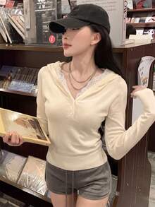 Korean Style Gentle Lace Patchwork Hooded Knit Sweater, Raglan Sleeve Half Button V-Neck Waist-Cinching Slimming Long Sleeve Top, Women's Autumn/Winter New - Apricot - View 2