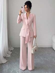 20-35 Years Old Women Spring/Autumn Commute & Date Pink Satin Patchwork Collar Design Blazer Suit Set, High Waist Wide Leg Pants Slimming Luxury French Elegant - Pink - View 7