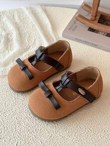 Toddler Flat Shoes With Hook And Loop Flower Design - Brown - View 5