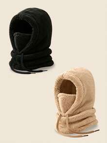 1pc/2pcs Unisex Solid Color Plush Balaclava, Drawstring Windproof Integrated Hood Scarf Face Mask, Thickened Warm Winter Neck Warmer Hat, Suitable For Outdoor Cycling - Multicolor - View 15