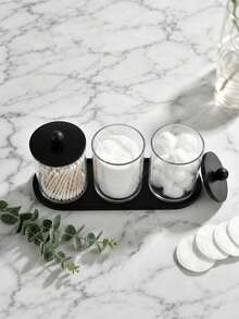 1/2/3/4pcs Set Of Transparent Plastic Bathroom Storage Jars With Black Bamboo Lids And Black Tray, Vanity Organizer Set, Suitable For Swabs, Balls, And Makeup Pads, Bathroom Countertop Cosmetic Storage Box - Multicolor - View 7