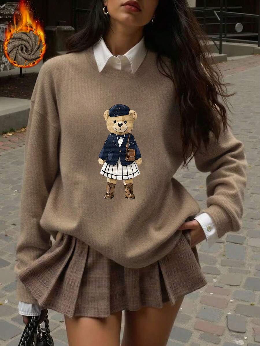 Plus Size Women's Dachshund Dog Wearing Hat Graphic Print Loose Crew Neck Pullover Sweater - Earth Gray - View 1