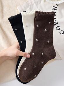 5 Pairs Thick Floral Pattern Coffee Brown Mid-Calf Socks, Elegant Soft And Comfortable, Suitable For Autumn/Winter - Multicolor - View 5