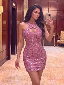 Elegant Criss-Cross Neckline Sequin Fitted Mini Dress, Suitable For Formal Dinner, Photo Shoot, Grand Event, Red Carpet, Party And Wedding - Baby Pink - View 4