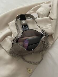 Women's Buckle Baguette Bag, Solid Color Casual, Shopping Commuting Handbag - Grey - View 4
