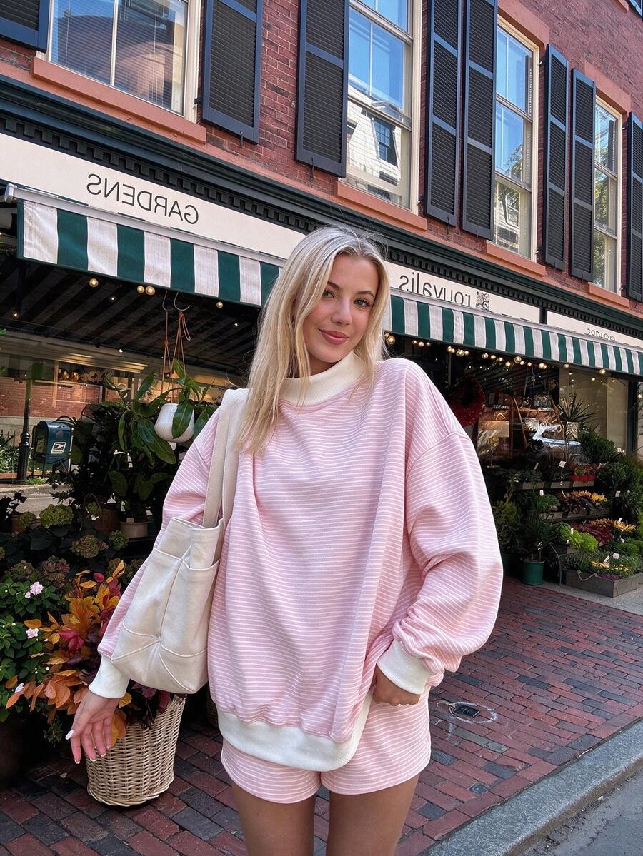 Fall/Winter Cute Casual Striped Pullover Sweatshirt Set, 2 Pieces Casual Set For Women - Pink - View 1