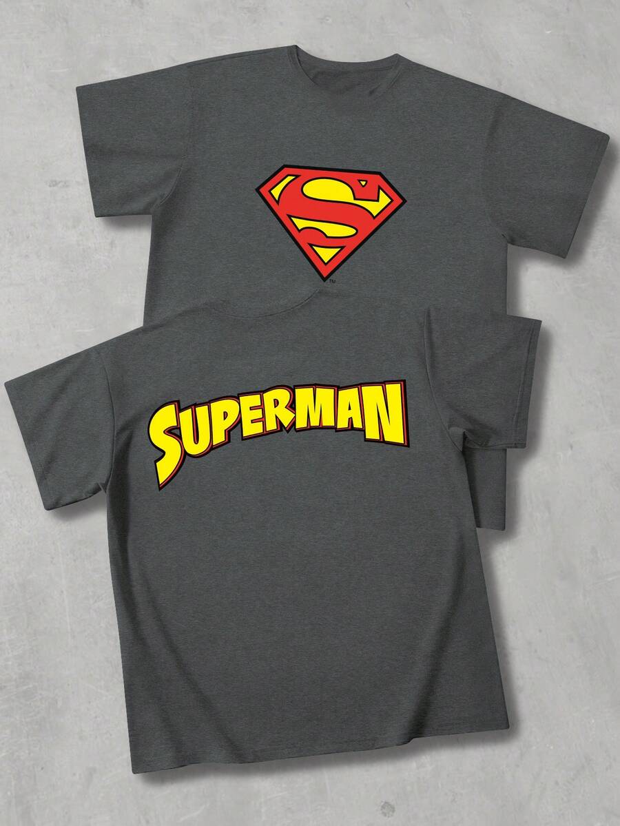 Strevion SUPERMAN 男士極簡風超人鑽石圖案與文字印花圓領短袖夏季T恤 - 灰色 - 查看 1