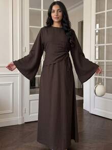 1pc Set (Excluding Headscarf) Elegant Drawstring Fashion Abaya Modest Long Dress, Skin-Friendly Comfortable For Party, Wedding, Ramadan - Brown - View 1