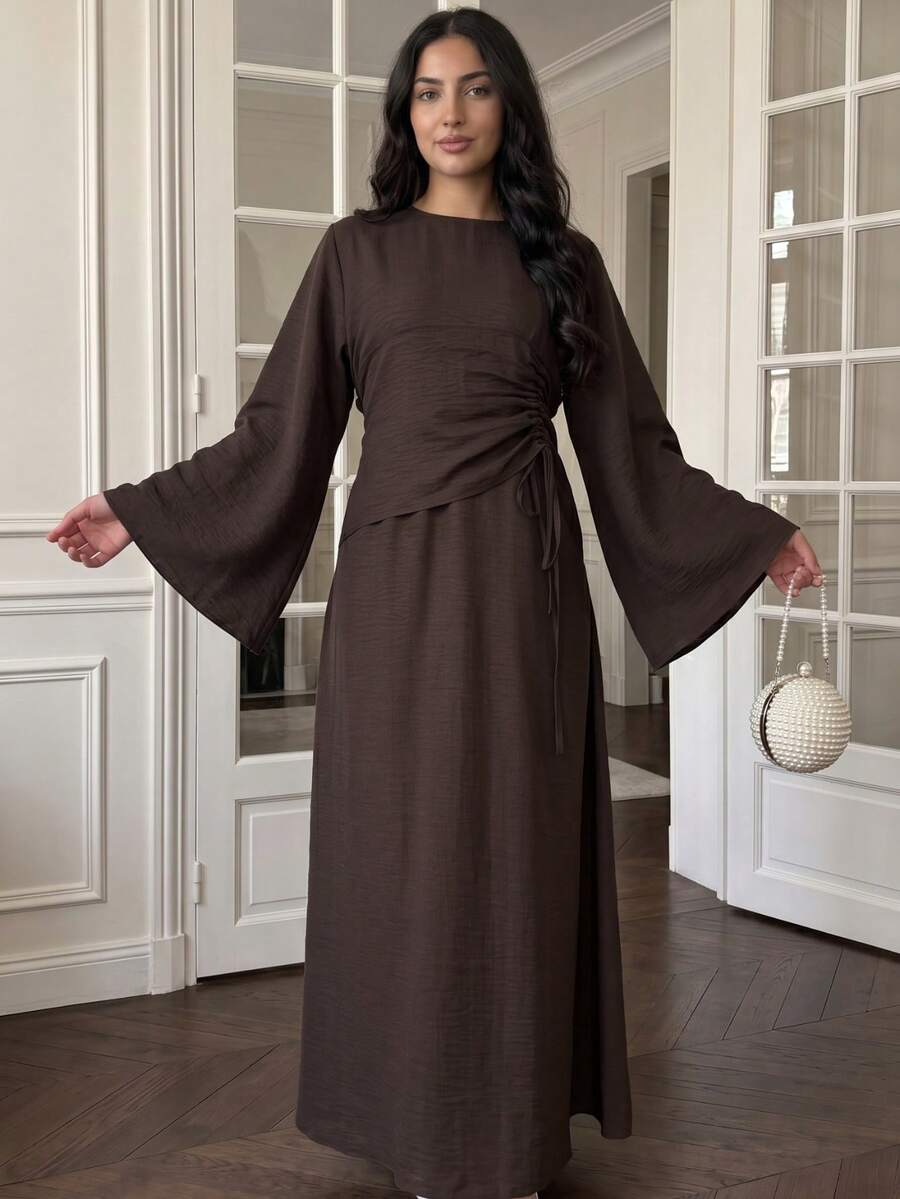 1pc Set (Excluding Headscarf) Elegant Drawstring Fashion Abaya Modest Long Dress, Skin-Friendly Comfortable For Party, Wedding, Ramadan - Brown - View 1