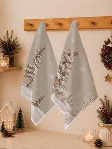 2pcs Christmas Vintage Christmas Tree Pattern Kitchen Towels, Soft Polyester Material Dish Cloths, Suitable For Kitchen Decor, Kitchen Cleaning, Holiday Party Decoration, Kitchen & Bathroom Supplies Home Essentials, Home Decor, Housewarming Gift - Multicolor - View 5