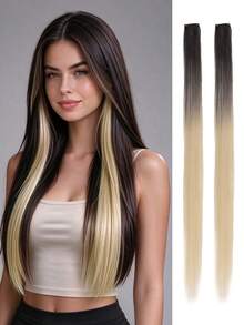 2pcs Ombre Golden Clip-In Hair Extensions, 24 Inch Long Straight Hair, Cosplay Halloween Party Christmas New Year Gift For Women Girls - Multicolor - View 14