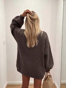 Solid Brown Round Neck Button Front Lantern Long Sleeve Mid Length Knit Cardigan Women Vintage Elegant Lazy Style Sweater Coat For Autumn Winter - Light Brown - View 8