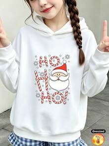 Kids' Loose Fit Fleece Hoodie With Santa, Candy Cane, Snowflake & HO HO HO Print, Warm Winter Holiday Style - White - View 2