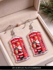 Anting Gantung Akrilik Santa Claus Bentuk Bilik Telepon Merah Datar 2D, Perhiasan Bertema Natal, Hadiah Kreatif - Santa Claus di dalam Bilik Telepon - View 3