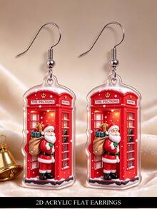 Anting Gantung Akrilik Santa Claus Bentuk Bilik Telepon Merah Datar 2D, Perhiasan Bertema Natal, Hadiah Kreatif - Santa Claus di dalam Bilik Telepon - View 7