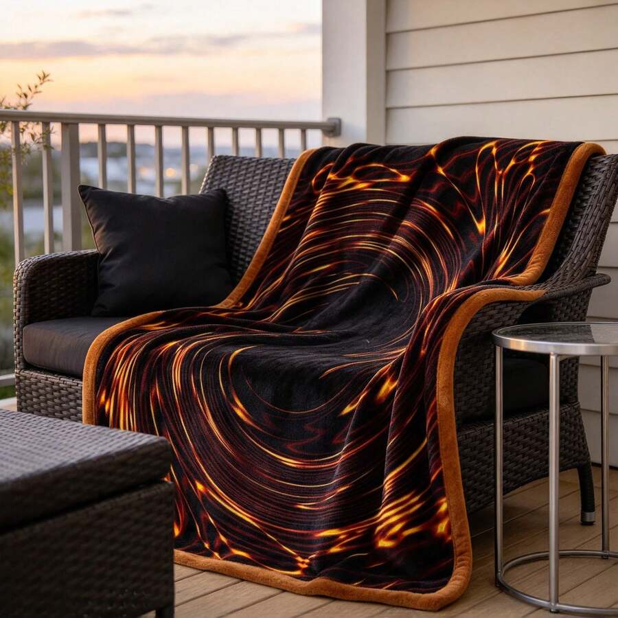 1PC Black Base Orange Gold Fluid Swirl Art Print Flannel Throw Blanket, Stylish Sofa Decor Blanket - Multicolor - View 1