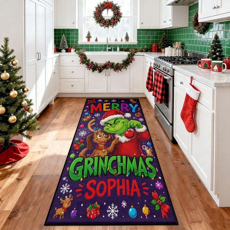 The Grinch 聖誕快樂廚房地墊,聖誕老人防滑墊,冬季聖誕雪人門墊,聖誕裝飾,適用於走廊、客廳、廚房、辦公室、洗衣房 - 彩色 - 查看 1