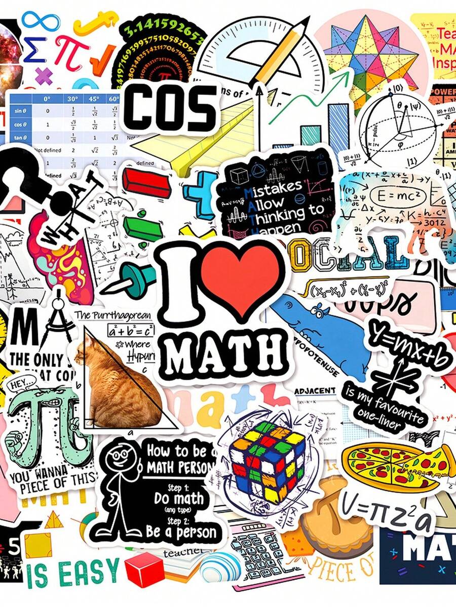 50PCS Geometric Math Symbol Theme Graffiti Decorative Stickers, Fun Personalized Style, Suitable For Helmet Decoration, Car Decoration, Party Decoration, Office Decoration, Label Stickers, Laptop, Water Bottle Stickers, Fashion Decoration - Mathematics - View 1