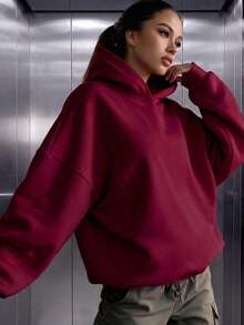 Women's Casual Comfortable Fleece Loose Hooded Sweatshirt, Autumn/Winter Daily Wear, Wardrobe Essential Fall - Burgundy - View 4
