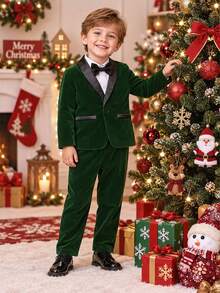 BOARNSEORL Young Boys Velvet Gentleman Suit Set With Bowknot And Long Pants, Fashionable Style, Suitable For Christmas Party, Evening Gala, First Birthday Party, Autumn/Winter - Dark Green - View 1